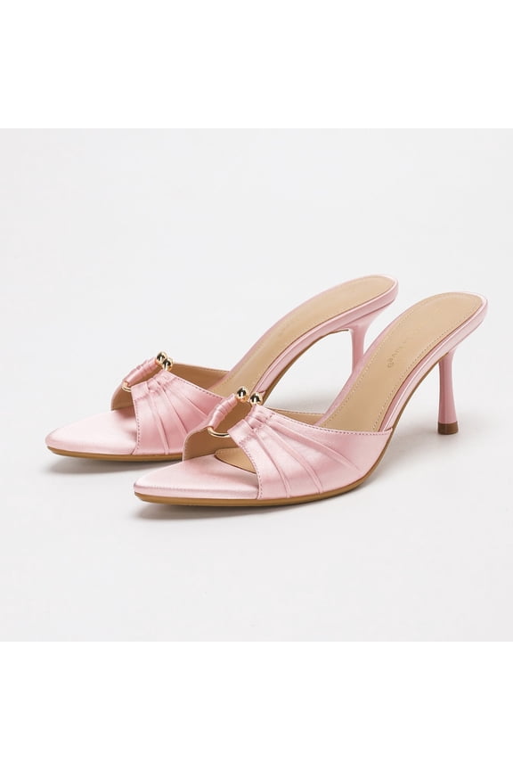 [On feet & in love] Women's Satin Pointed Toe Stiletto Mules - Ruched Slip-On Heels with Gold-Tone Ring Hardware,Pink,8.5