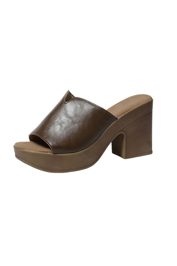 Women's Open Toe Platform Chunky High Heel Mule Sandals Slip On Wedge Fish Mouth Slides Sandals Comfortable Dress Sandals Brown Women Sandal