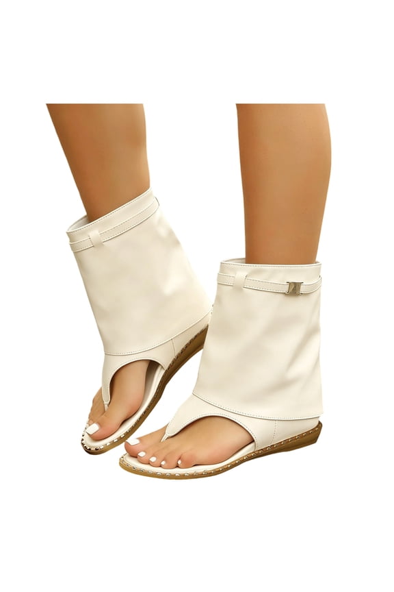 Women's Open Toe Sandals Wide Width Lightweight Soft Leather Flat Flip Flops Retro Fold Over Mid Calf Boots Beige Size 8