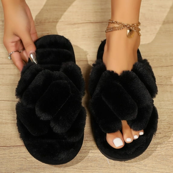 Women's Open Toe Slippers Fuzzy House Slippers for Women Cozy Criss Cross Furry Slides Slippers