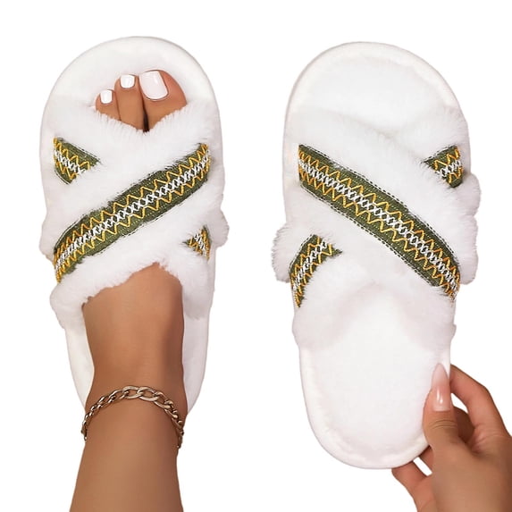 Women's Open Toe Slippers for Women Fuzzy Cross Band Slippers Indoor Outdoor Soft House Slippers Casual Winter House Shoes