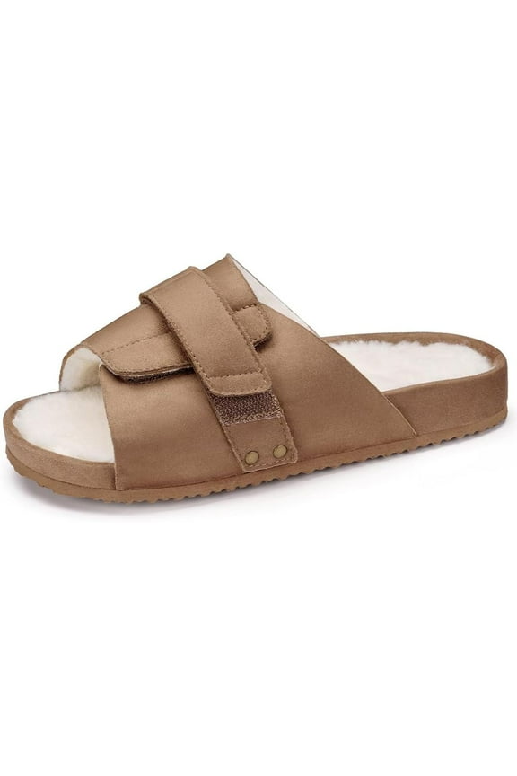 Women's Open Toe Slippers with Arch Support, Ladies Adjustable slippers Fuzzy Slides Sandals, Brown