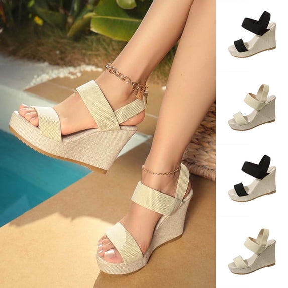 Women's Open Toe Wedge Sandals for Women Trendy Solid Color Woven Elastic Strap Shoes Comfortable Thick Sole Platform Wedges Summer Fashion Plus Size Wide Width Beige Shoes for Women