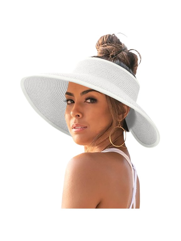 Sun Hats for Women Wide Brim Straw Beach Hat Ponytail Hat Summer UV Packable Foldable Floppy Visor Beach Vacation Essentials