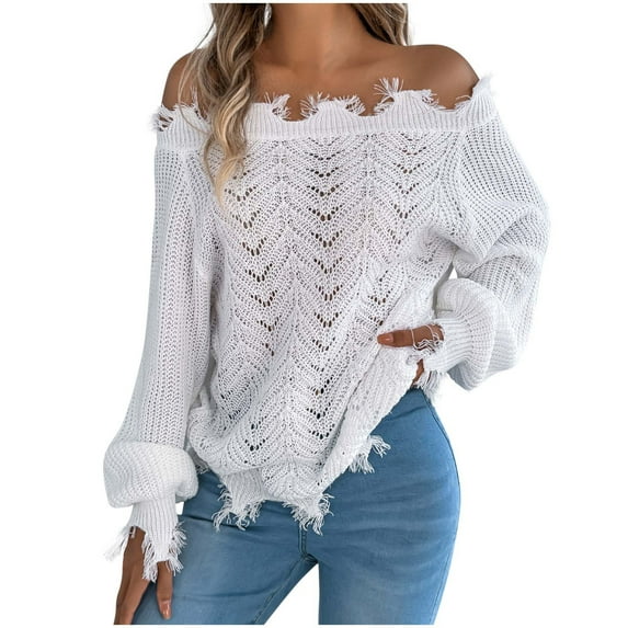 Women's Openwork Knit Sweater Casual Long-Sleeved Off-The-Shoulder Top With Frayed Edges