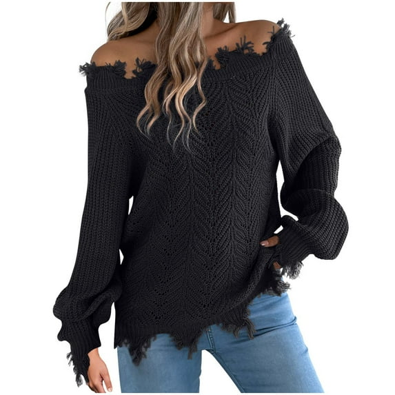 Women's Openwork Knit Sweater Casual Long-Sleeved Off-The-Shoulder Top With Frayed Edges