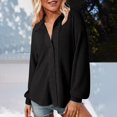 thumbnail image 1 of Women's Openwork Lapel Shirt, Long Sleeve Button Down Blouse, Breathable Loose Fit Top, Cutout Detail Casual Shirt, Woven Fabric Tunic Style Top Black XL, 1 of 5