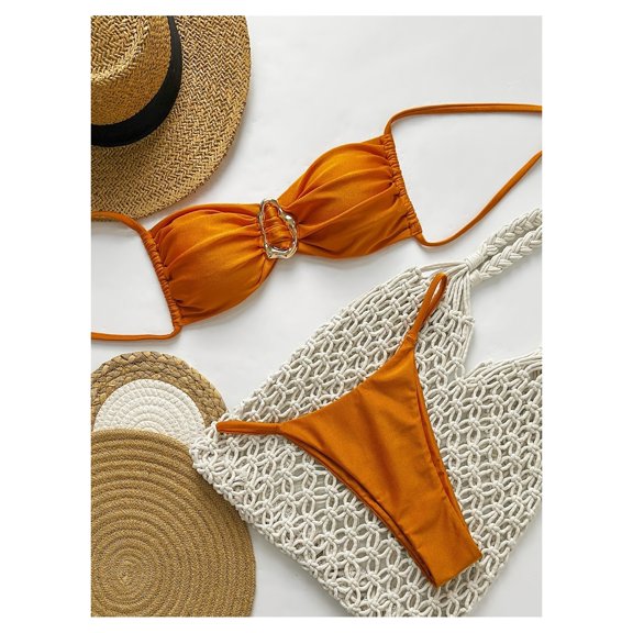 Women's Orange Bikini Set - Halter Swimsuit 2 Piece Bathing Suit with Metal Accent - Summer Beach Pool Swimwear for Women - Adjustable Straps