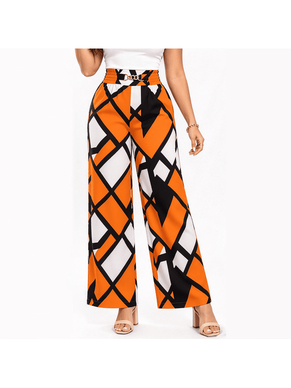 Women's Orange Black and White Geometric Print Wide Leg Pants with High Waist and Gold Tone Chain Detail