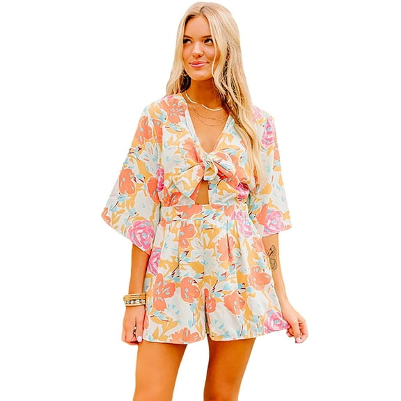 Women's Orange Blooming Floral Print Front Tie Romper with Pockets | [ZhiHiMeRi] | (US 16-18)XL