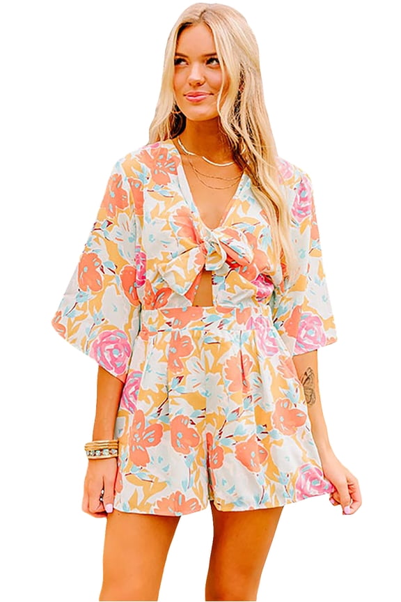 Women's Orange Blooming Floral Print Front Tie Romper with Pockets | [ZhiHiMeRi] | (US 16-18)XL
