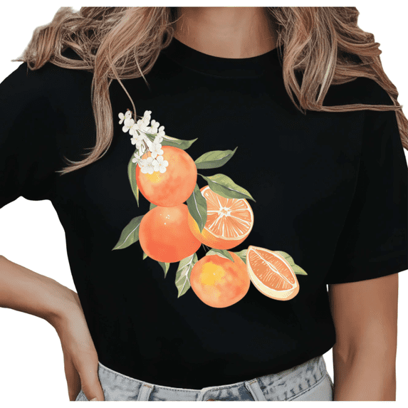Women's Orange Blossom & Citrus Graphic Watercolor Floral Comfortable T Shirt Short Sleeve Round Neck Top Black S-5XL