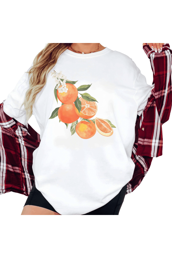 Women's Orange Blossom & Citrus Graphic Watercolor Floral Comfortable T Shirt Short Sleeve Round Neck Top White S-5XL
