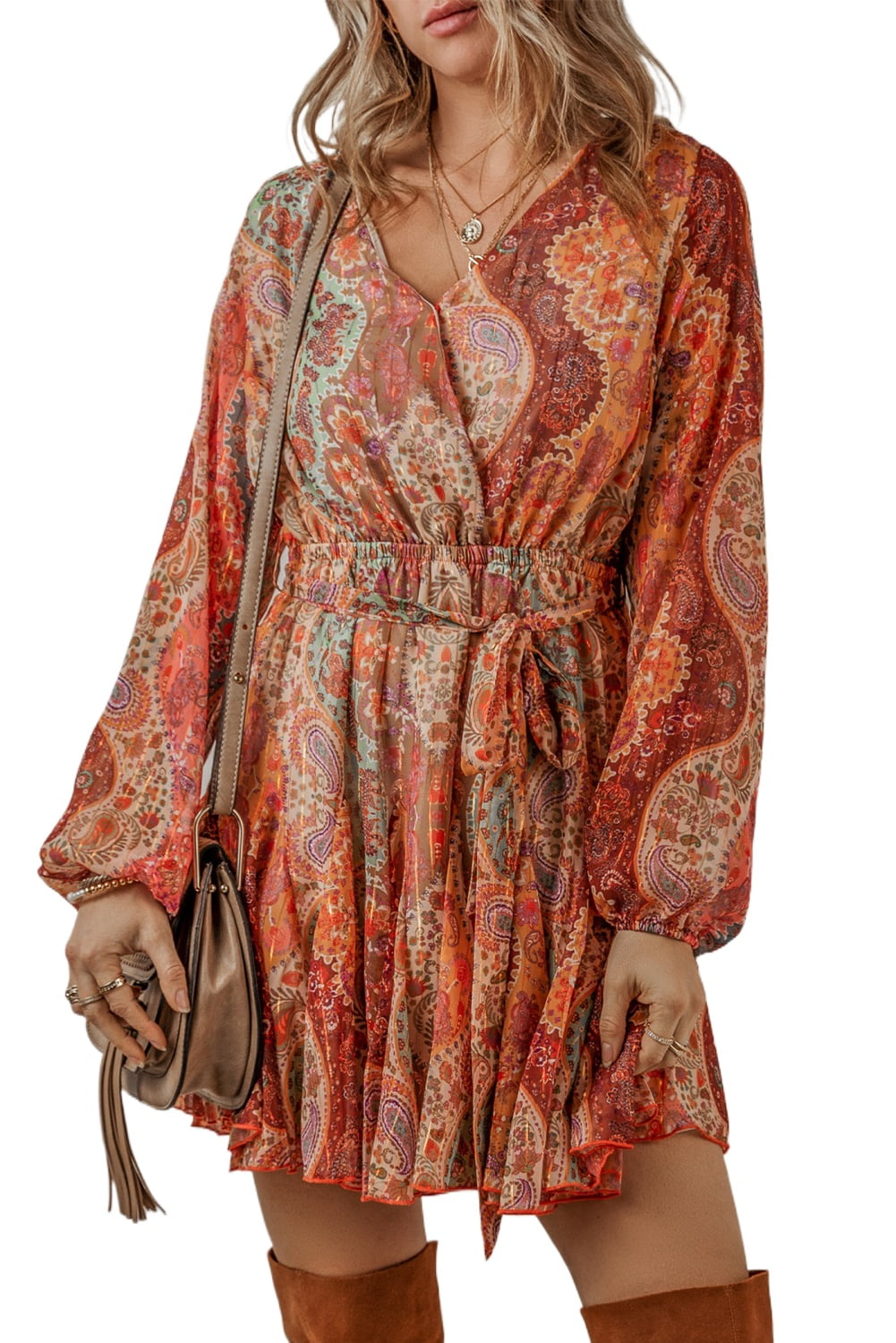 knee length dresses for ladies Retro Bohemian Paisley Print Dress with Long Lantern Sleeves and High Quality Belt Blue / L