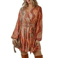 thumbnail image 1 of Women's Orange Boho Paisley Print Long Sleeve Pleated Belted Mini Dress, 1 of 8