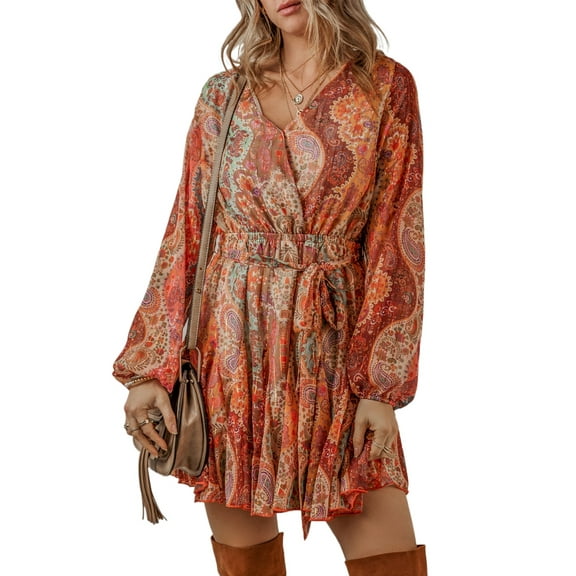 Women's Orange Boho Paisley Print Long Sleeve Pleated Belted Mini Dress