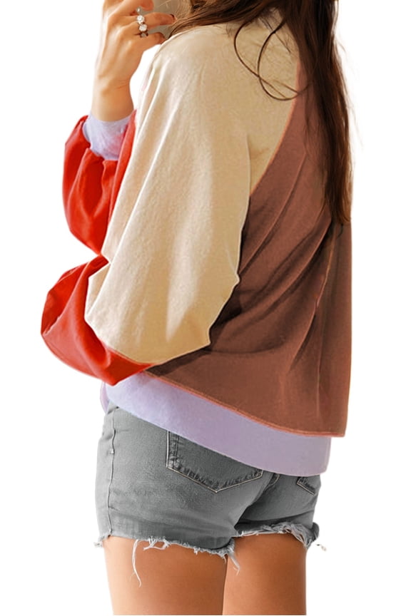 Women's Orange Color Block Side Slits Raglan Sleeve Long Sleeve Top - [ZhiHiMeRi] | (US 20-22)2XL