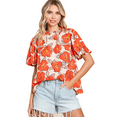 thumbnail image 1 of Women's Orange Floral Bubble Sleeve Frill Neck Loose Blouse, 1 of 8