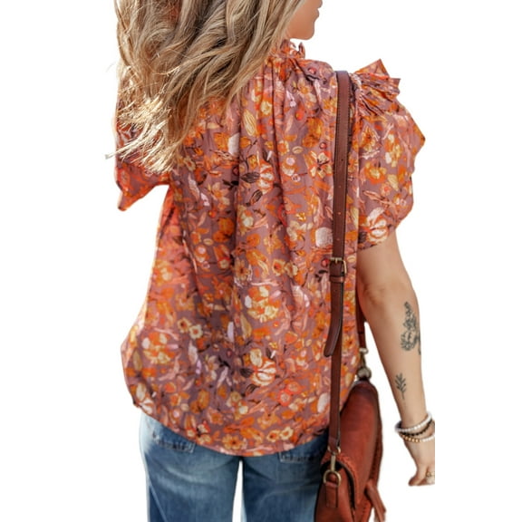 Women's Orange Floral Print Ruffled Flutter Sleeve Frilled V Neck Blouse - [ZhiHiMeRi] | (US 12-14)L