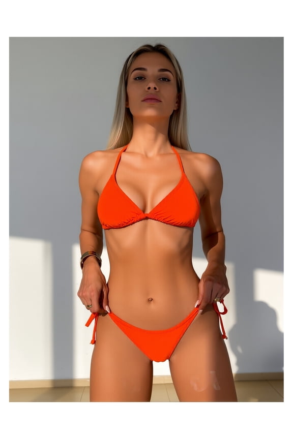 Women's Orange Halter Bikini Set - Triangle Swimsuit Side Tie Sexy Minimalist Beach Pool Bathing Suit for Teens Girls