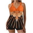 thumbnail image 1 of Fewfanhot Women's Orange Halter Neck Padded Bikini Set, Ruffled Print & Black Swim Shorts, Modest Two Piece Tummy Control Bathing Swimsuit Plus Size, 1 of 6