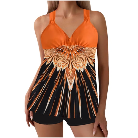 Fewfanhot Women's Orange Halter Neck Padded Bikini Set, Ruffled Print & Black Swim Shorts, Modest Two Piece Tummy Control Bathing Swimsuit Plus Size