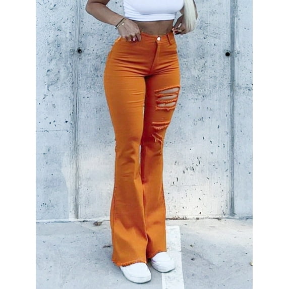 Women's Orange High Waisted Distressed Flare Jeans High Cotton Blend for All Day Comfort