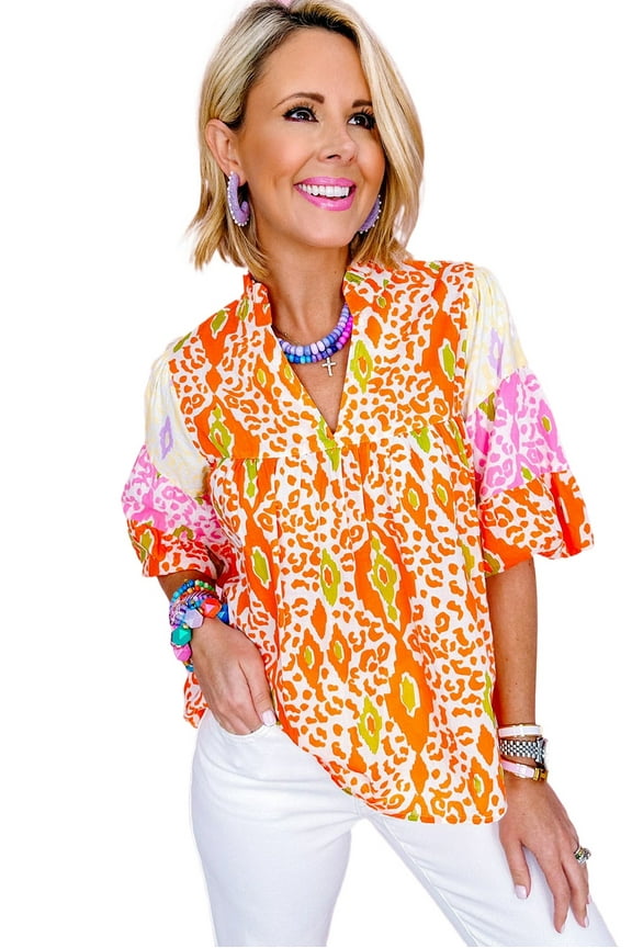 Women's Orange Leopard Colorblock Puff Sleeve Split Neck Blouse - [ZhiHiMeRi] | (US 16-18)XL