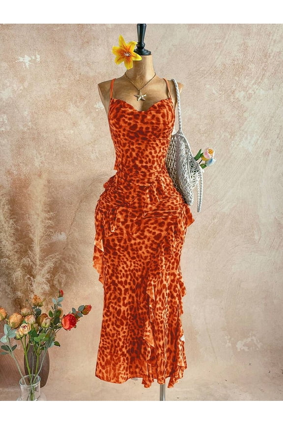 Women's Orange Leopard Print Draped Neck Layered Ruffle Hem Maxi Dress for Vacation Party Wedding Outing