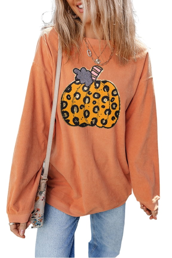 Women's Orange Leopard Pumpkin Patchwork Ribbed Sweatshirt