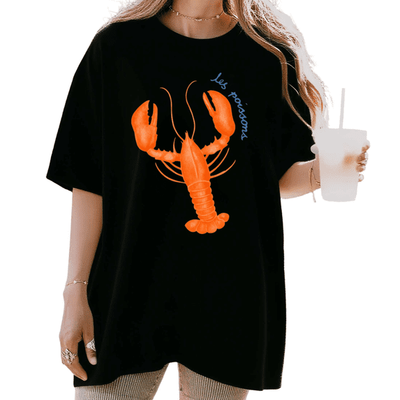 Women's Orange Lobster "Les Poissons" Graphic T Shirt Seafood Coastal Print Breathable Short Sleeve Round Neck Top Black S-5XL