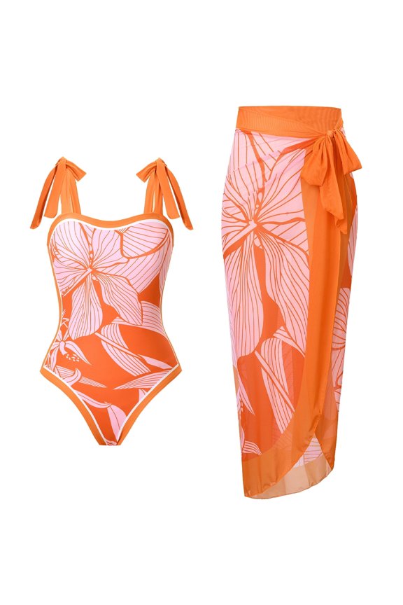 Women's Orange Pink Hibiscus Print One-Piece Swimsuit with Mesh Cover-Up Skirt, Tummy Control Bathing Suit for Summer Beach Vacation, S-XL