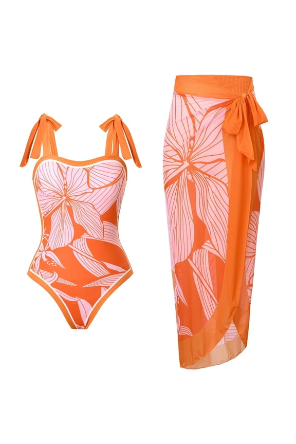 Women's Orange Pink Hibiscus Print One-Piece Swimsuit with Mesh Cover-Up Skirt, Tummy Control Bathing Suit for Summer Beach Vacation, S-XL