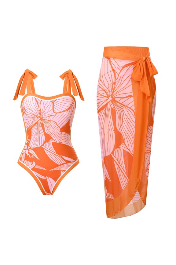 Women's Orange Pink Hibiscus Print One-Piece Swimsuit with Mesh Cover-Up Skirt, Tummy Control Bathing Suit for Summer Beach Vacation, S-XL