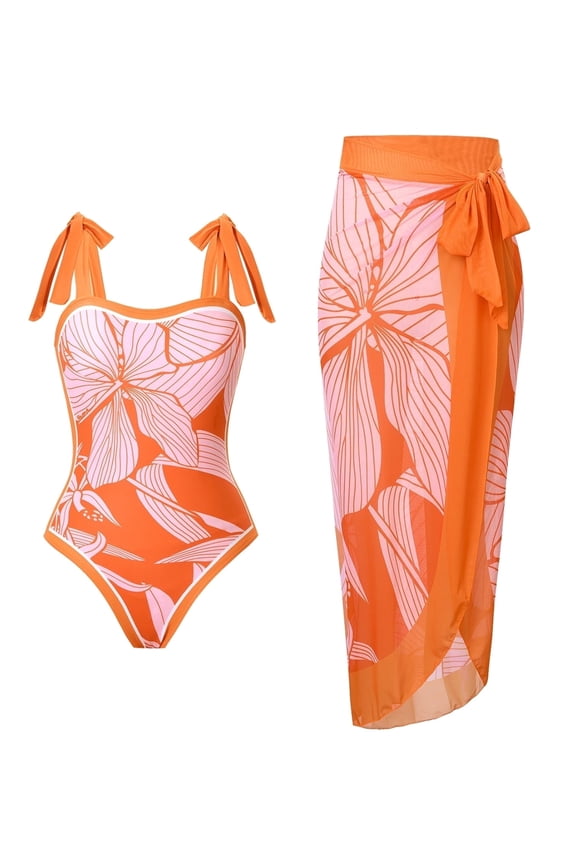 Women's Orange Pink Hibiscus Print One-Piece Swimsuit with Mesh Cover-Up Skirt, Tummy Control Bathing Suit for Summer Beach Vacation, S-XL