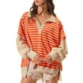 thumbnail image 1 of Women's Orange Stripe Color Block Loose Fit Collared Sweatshirt, 1 of 12