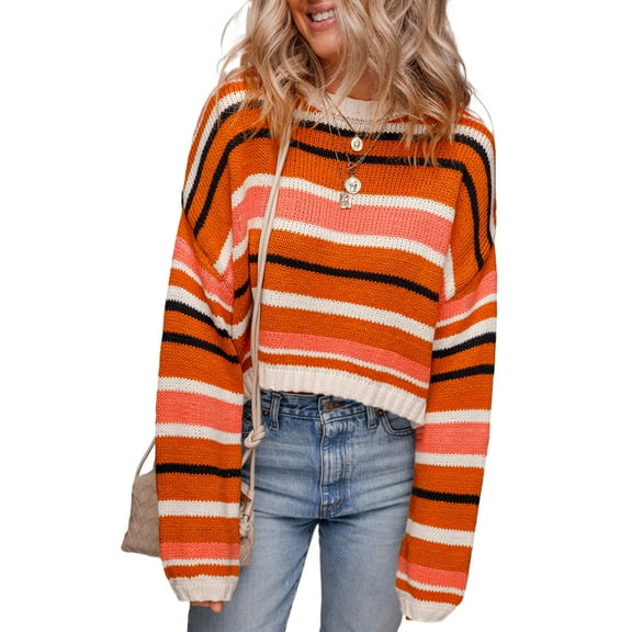 Women's Orange Stripe Drop Shoulder Cropped Pullover Sweater – Casual Fall Essential | M