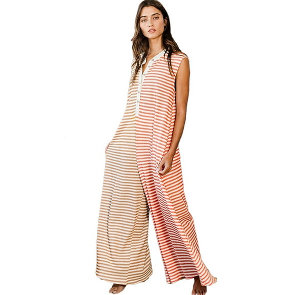 Women's Orange Stripe Oversized Wide Leg Jumpsuit - [ZhiHiMeRi] | (US 12-14)L