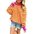 thumbnail image 1 of Women's Orange Striped Round Neck Drop Shoulder Loose Sweater, 1 of 10