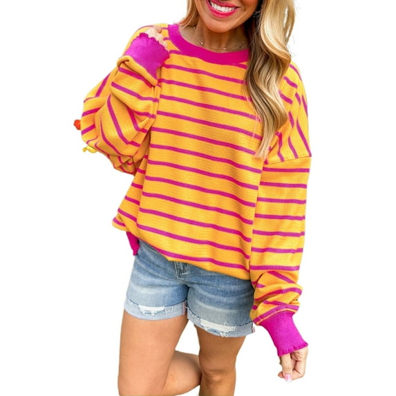 Women's Orange Striped Round Neck Drop Shoulder Loose Sweater