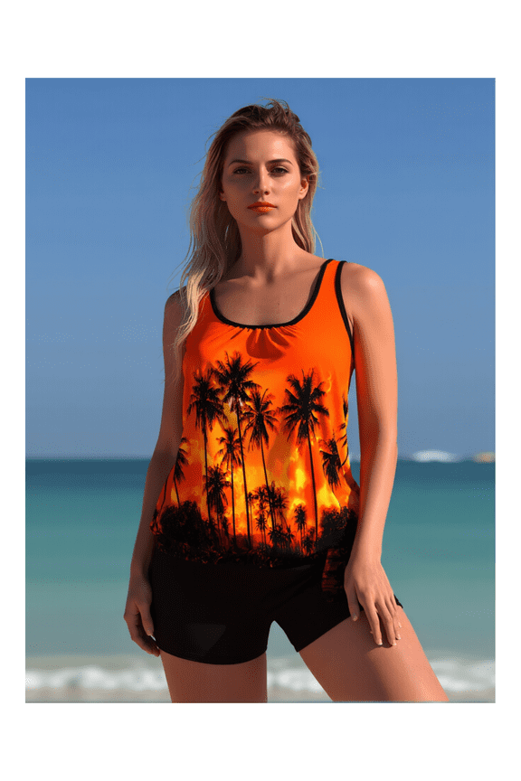 Women's Orange Sunset Palm Tree Print Ruched Tankini Set with Solid Black Boyleg Shorts - Two Piece Swimsuit for Beach, Pool M-XL