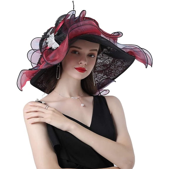 Women's Organza Church Hat,Fascinator Tea Party Hat,Ruffles Brim Wedding Hat