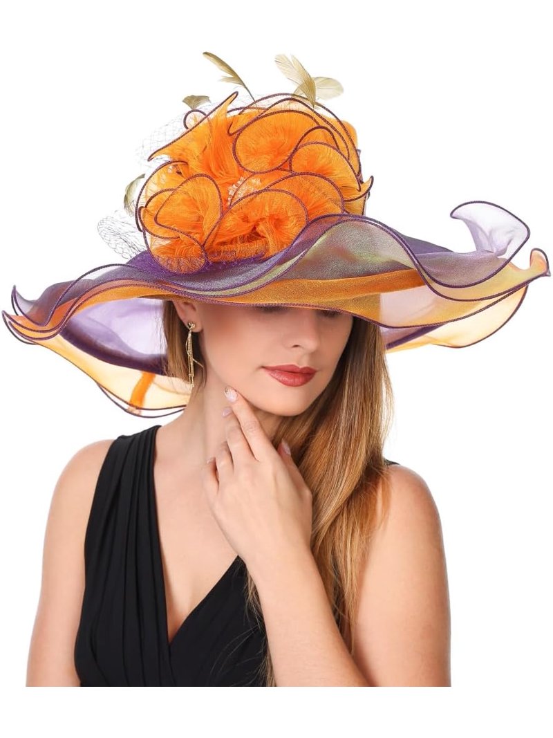 Women Organza Church Tea Party Hats Floral Orange Women Church Fascinator Lady Tea Party Church Wedding Bridal  main image 4