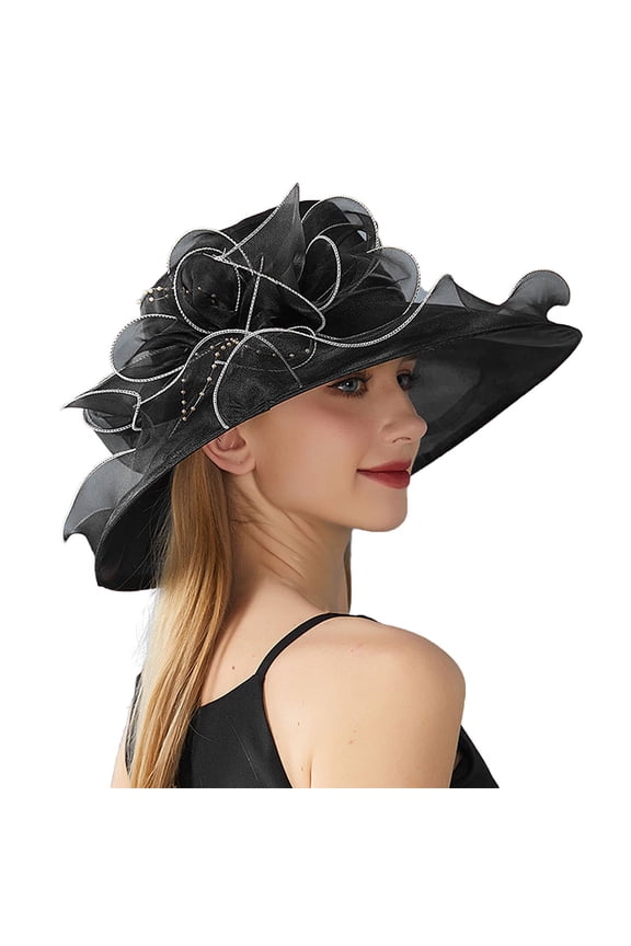 Women's Organza Church Kentucky Derby Fascinator Bridal Tea Party Wedding WIDE Brim Horse Riding Hat Cocktail Party Cloche Bowler Fascinators Lightweight Sun UV Protection Cap Summer Beach CapBlack