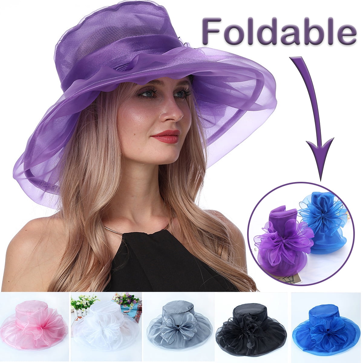 Elegant Wide Brim Organza Church Derby Hat with Detachable Flower for Weddings Elegant Wide Brim Organza Church Hat for Weddings & Tea  main image 4