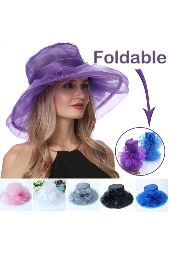 Women's Organza Flower Brim Derby Hat Church Dress Hat Bridal Shower Sun Hat