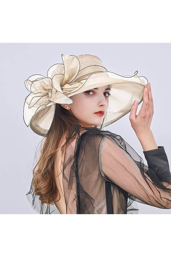 Women's Organza Flower Mesh Veil Sun Hat, Large Brim Wide Beach Hat for Summer Sun Protection, Elegant Bridal Shower or Garden Party Headwear Beige