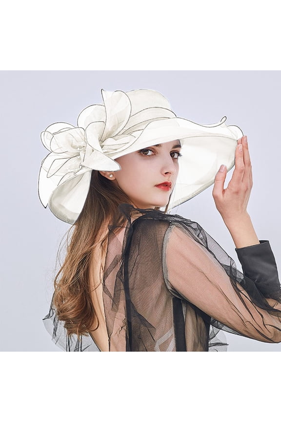 Women's Organza Flower Mesh Veil Sun Hat, Large Brim Wide Beach Hat for Summer Sun Protection, Elegant Bridal Shower or Garden Party Headwear White