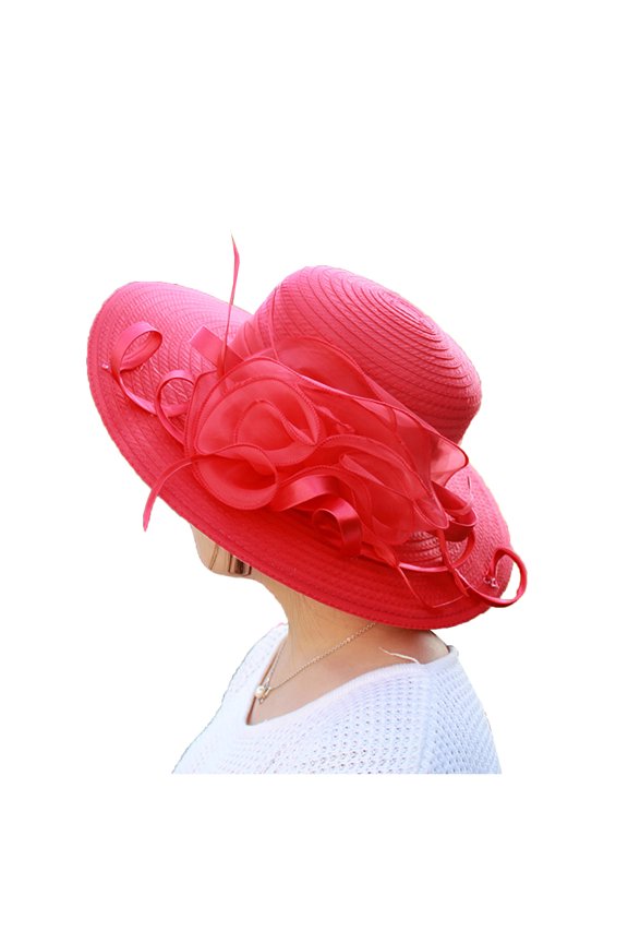 Women's Organza Large Rim Basin Hat, Foldable Sun Protection Cap with Flower Decor for Wedding, Bridal Tea Party, Church, and Beach Summer Events