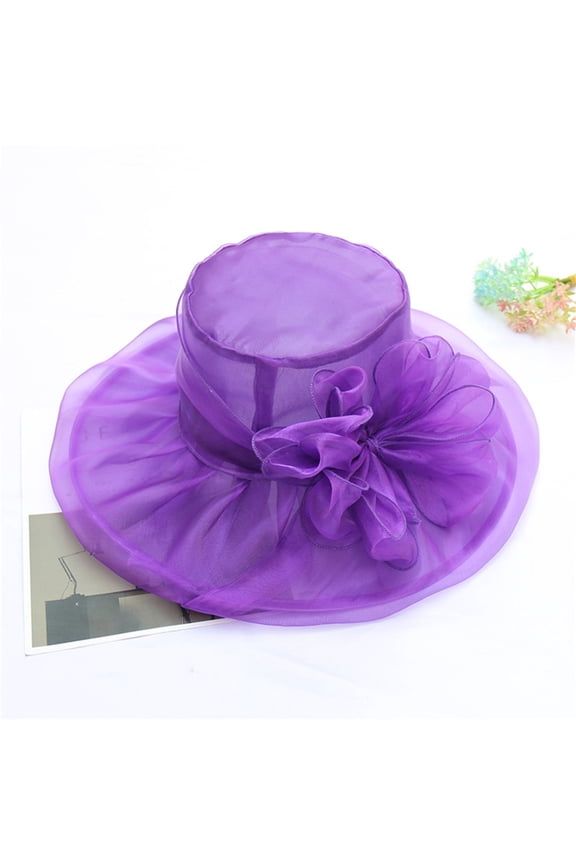 Women's Organza Sun Hat, Double Layer Folding Wedding Hat, Large Brim Floppy Beach Hat with Flower, Church Race Fascinator for Spring Summer and Fall​-Purple